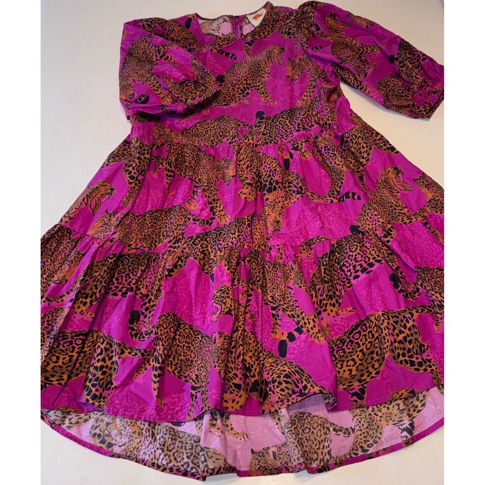 Farm Rio Pink Spotted Artsy Leopard Tiered Mini Dress Magenta Animal Print Small